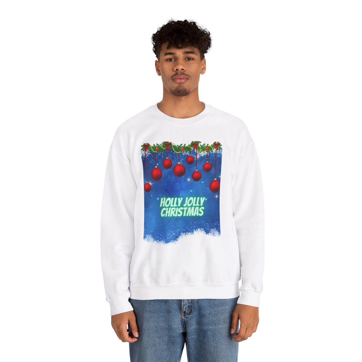 Man wearing White Christmas Winter Sweatshirt with seasonal design