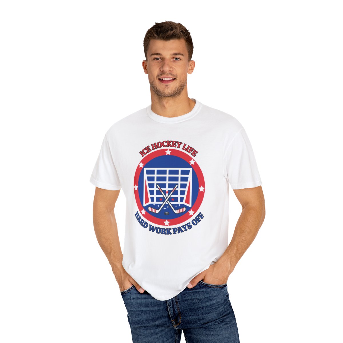 Man wearing Ice Hockey Hard Work Pays Off T-Shirt with jeans in outdoor setting