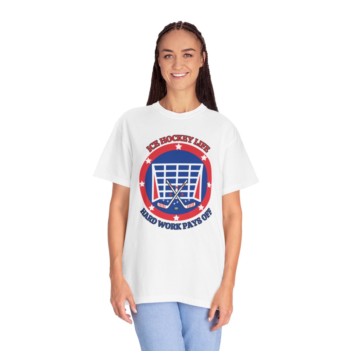 Woman wearing Ice Hockey Hard Work Pays Off T-Shirt in casual outfit