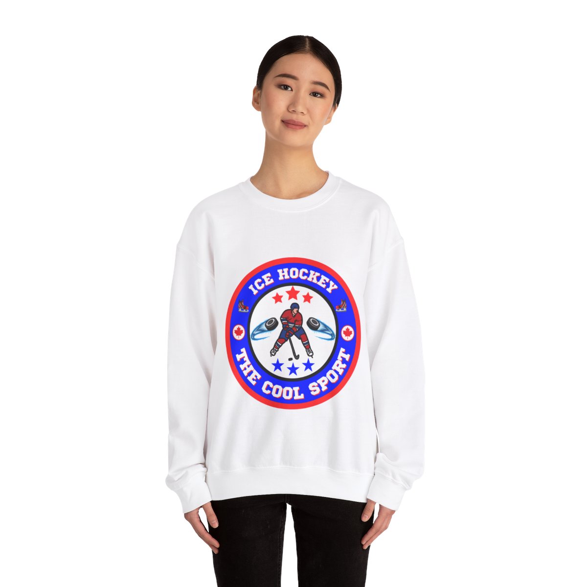 Woman wearing Canada hockey sweatshirt with custom jersey number