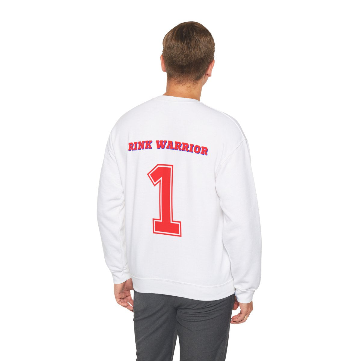 Man wearing Canada hockey sweatshirt showing Rink Warrior and jersey number 1 on the back