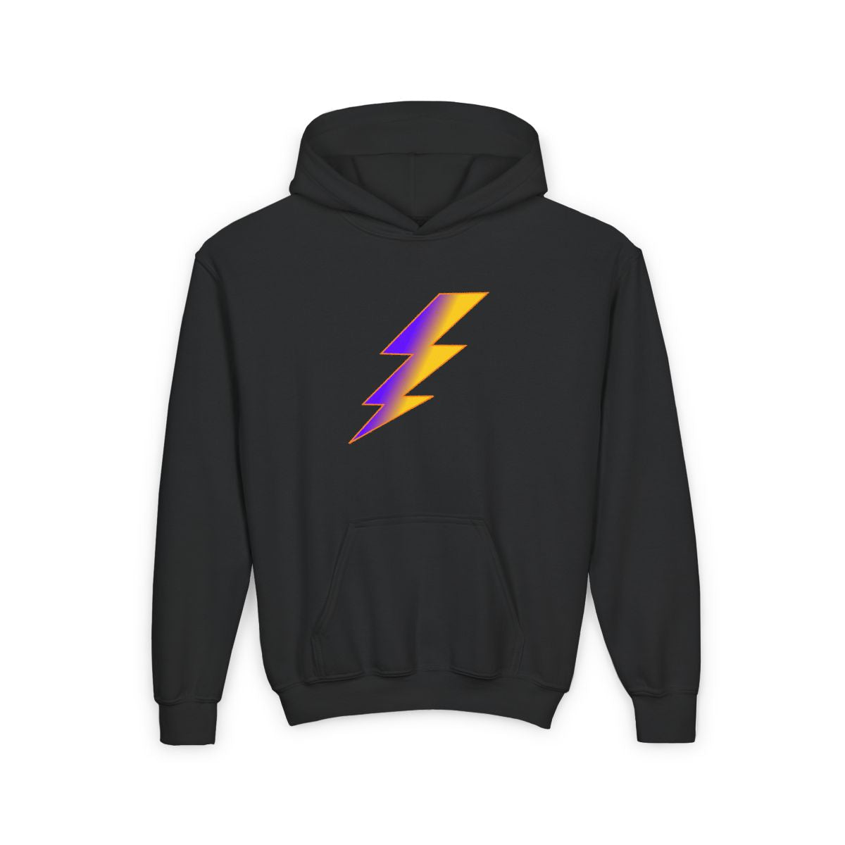 Front view of Indigo and Gold Lightning Bolt Kids Hoodie showing bold lightning bolt design