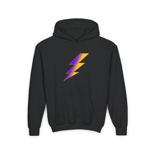 Front view of Indigo and Gold Lightning Bolt Kids Hoodie showing bold lightning bolt design