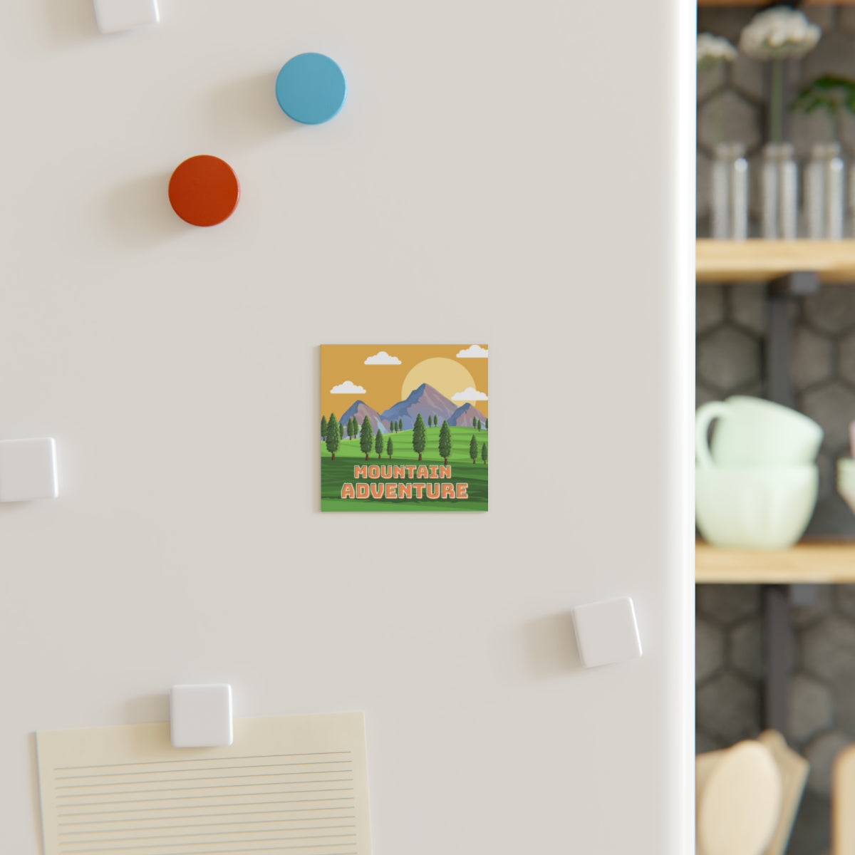 Mountain Adventure Magnet on a whiteboard – scenic nature decoration