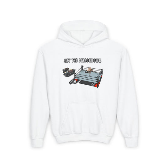White Youth Lay The Smackdown Hoodie, unisex kids wrestling sweatshirt with bold pro wrestling graphic