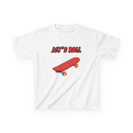Kids T-Shirt Let's Roll Skateboarding laid flat showing skater-themed design for boys and girls
