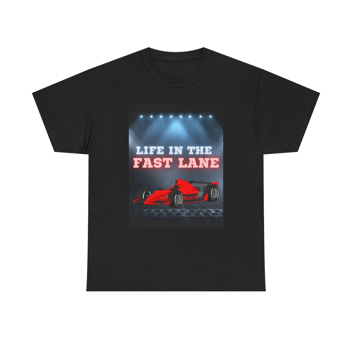 Front view of race car kids t-shirt with night race track design