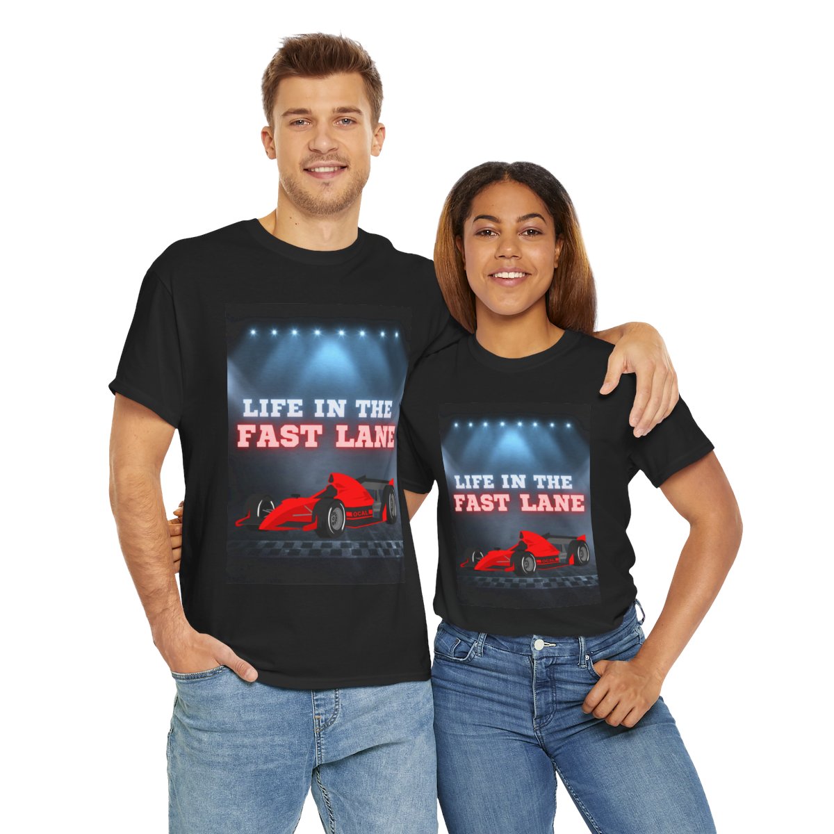Adult models wearing race car kids t-shirt for size reference – front design shown