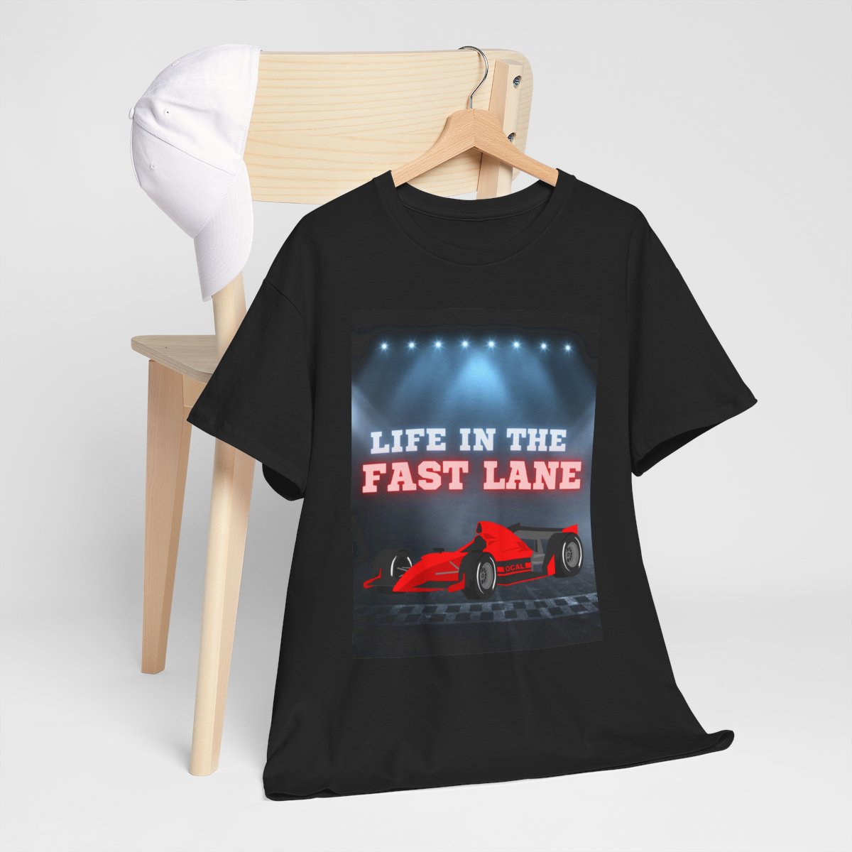 Race car kids t-shirt on hanger with racing car artwork – second angle