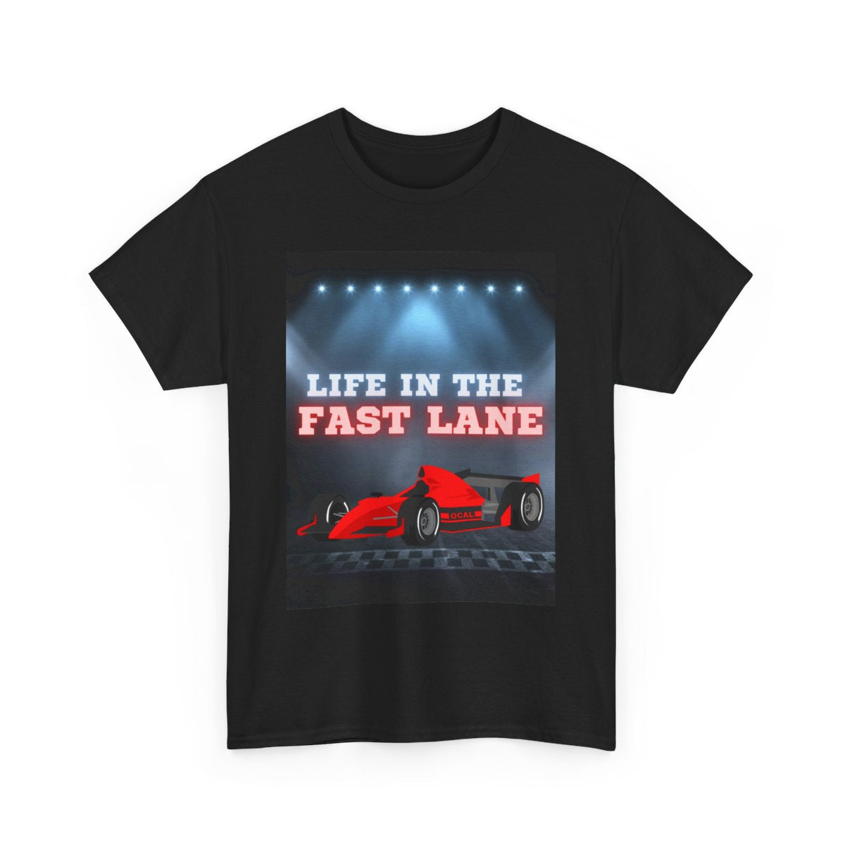 Race car kids t-shirt front view showing detailed night racing car graphic