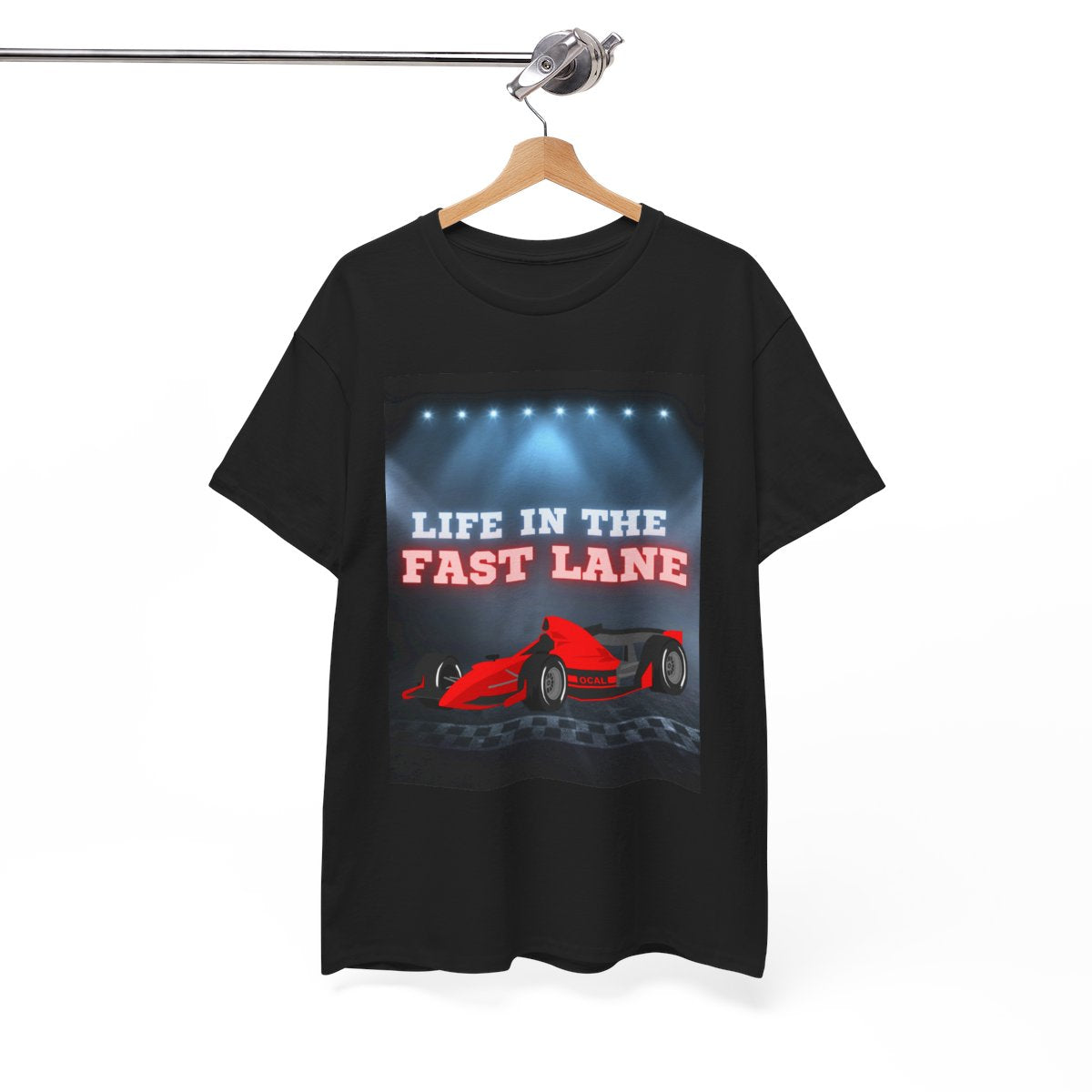 Race car kids t-shirt hanging on display – night race track design visible