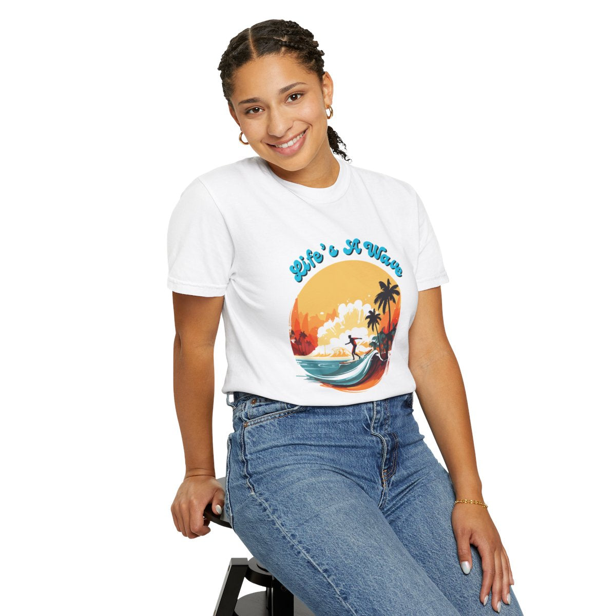 Woman wearing Surfing Sports T-Shirt with Life's A Wave summer design
