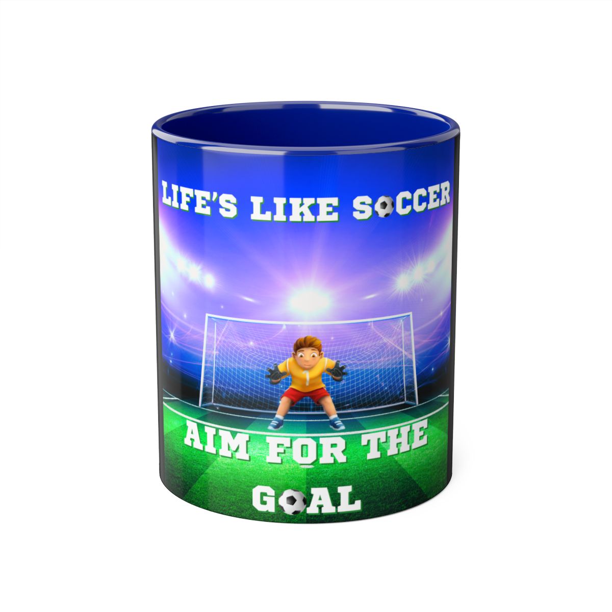 Front view of soccer accent mug in blue with 3D stadium goalkeeper design