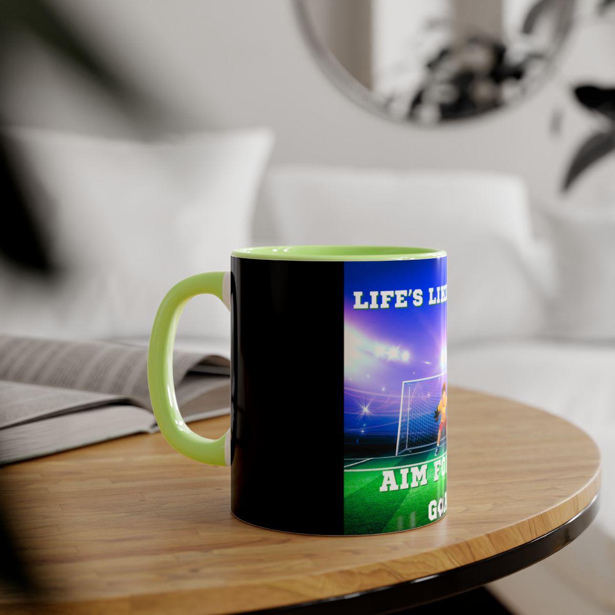 Soccer accent mug in light green on table in lifestyle setting