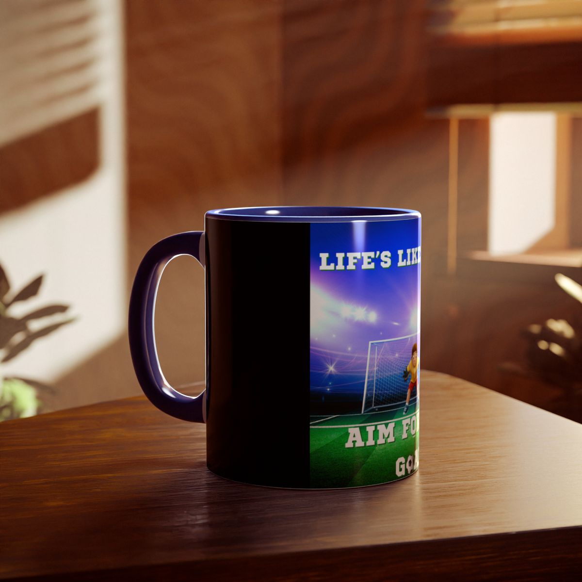 Person holding soccer accent mug in blue, showing front stadium design