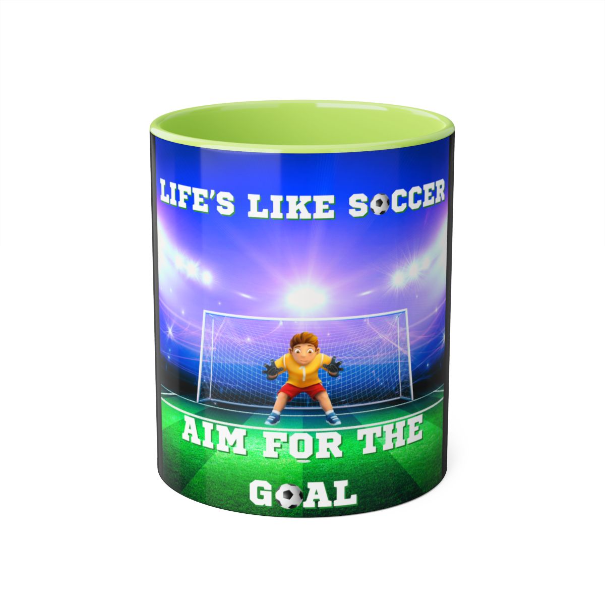 Front view of soccer accent mug in light green with 3D stadium print