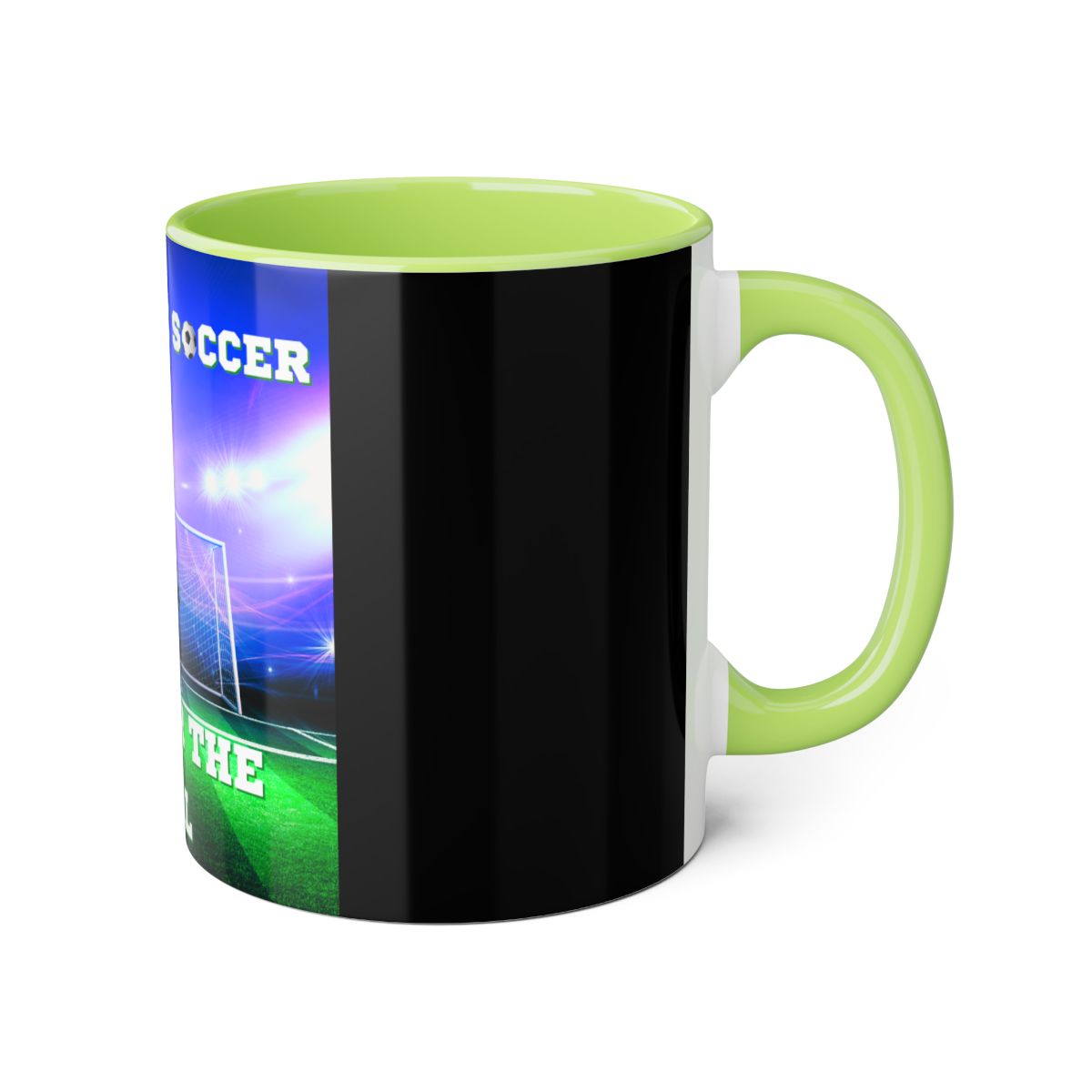 Right side of soccer accent mug in light green featuring goalkeeper artwork