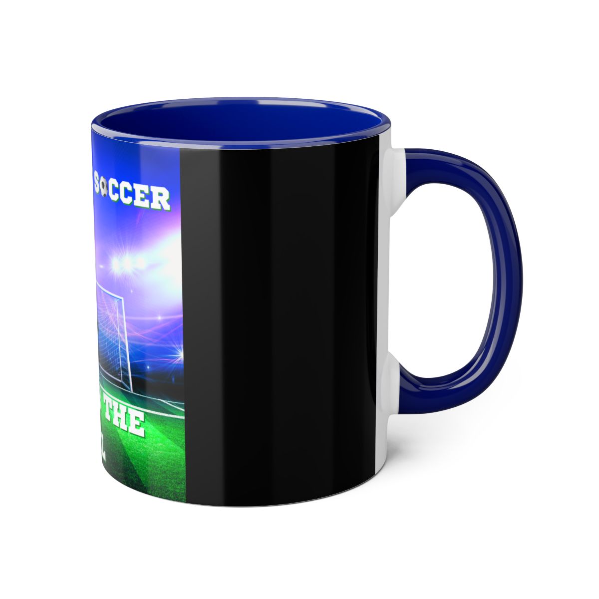 Right side of soccer accent mug in blue with Aim for the Goals design