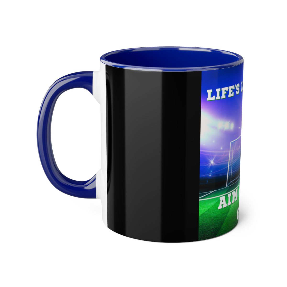 Left side of soccer accent mug in blue showing handle and design details