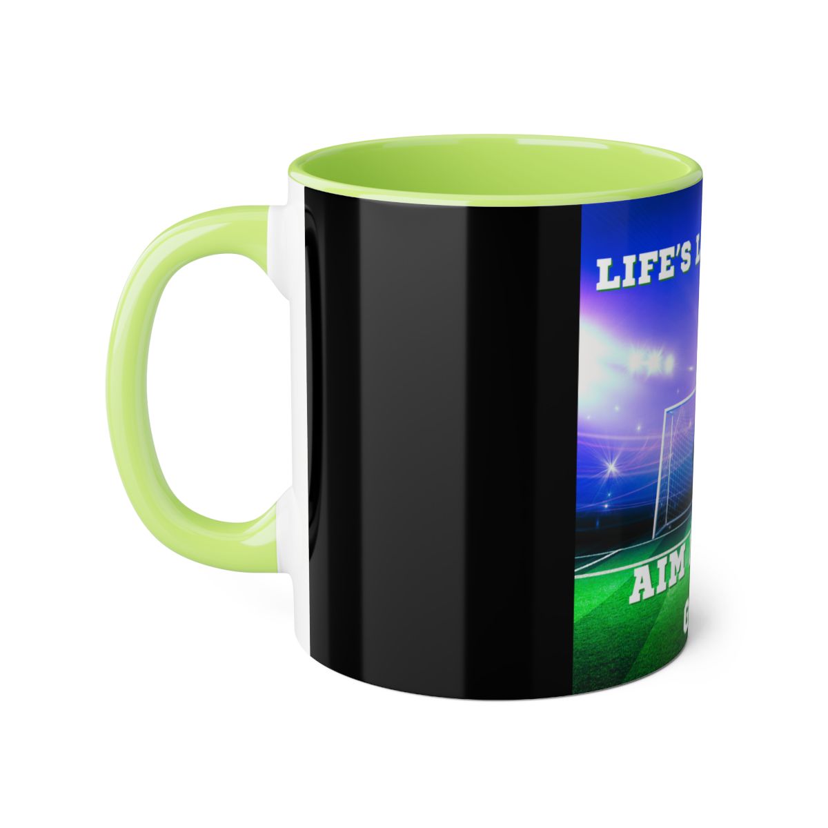 Left side of soccer accent mug in light green with stadium and goal detail