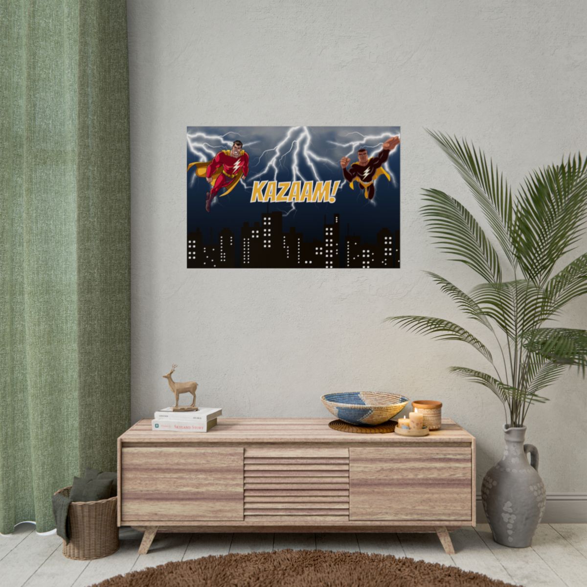 Cartoon Lightning Storm Poster hanging in a modern living room