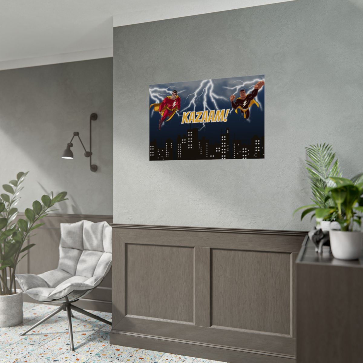 Framed Cartoon Lightning Storm Poster above a study desk setup
