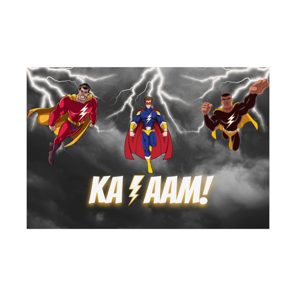 Magical Lightning Poster front view – cartoon thunderstorm with flying superheroes