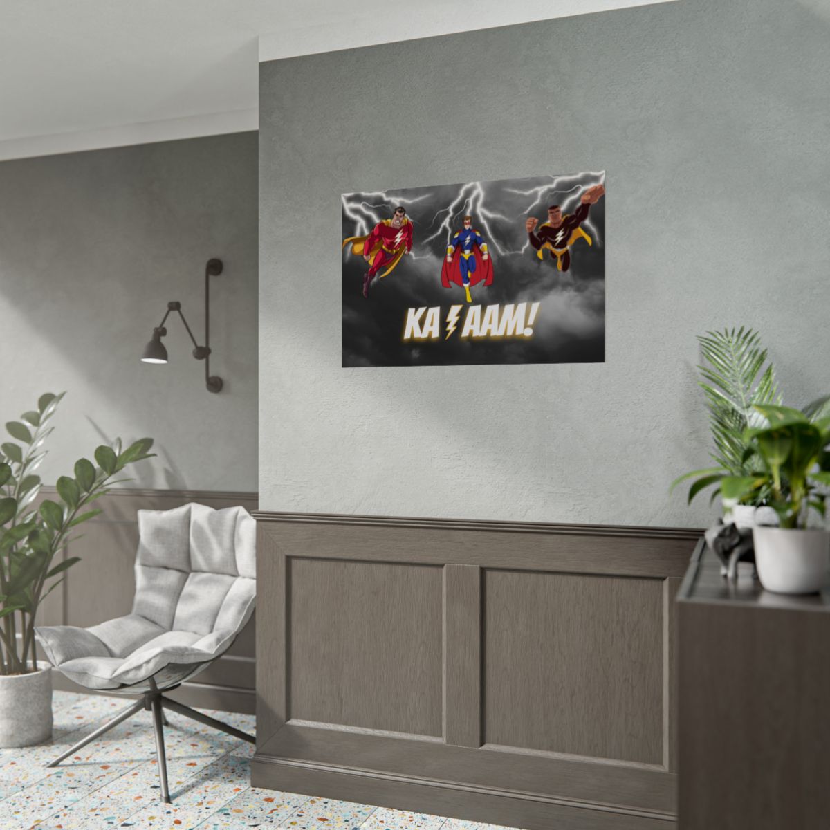 Magical Lightning Poster displayed in colorful bedroom – vibrant cartoon superhero theme