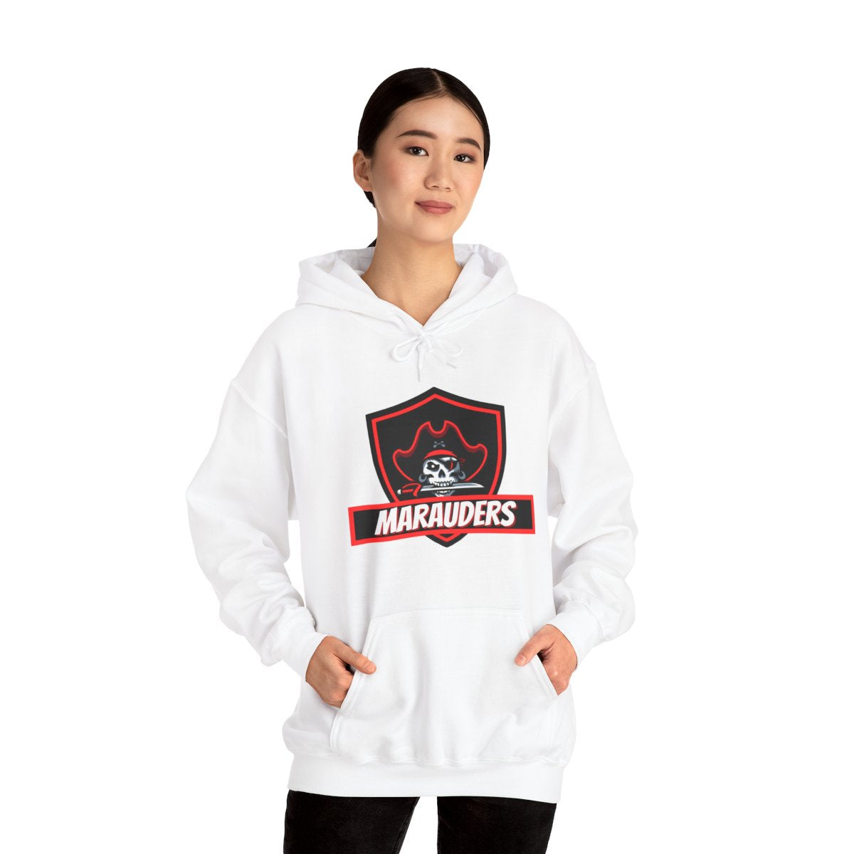 Woman wearing Gaming Hoodie Marauders Skull Pirate Esports style