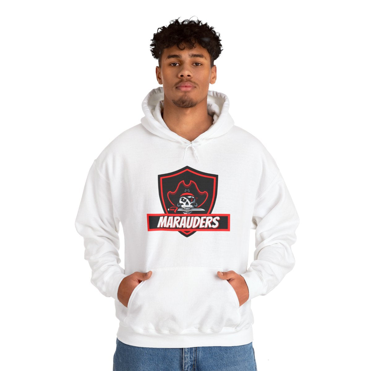 Man sporting Gaming Hoodie with Marauders Skull Pirate Esports design