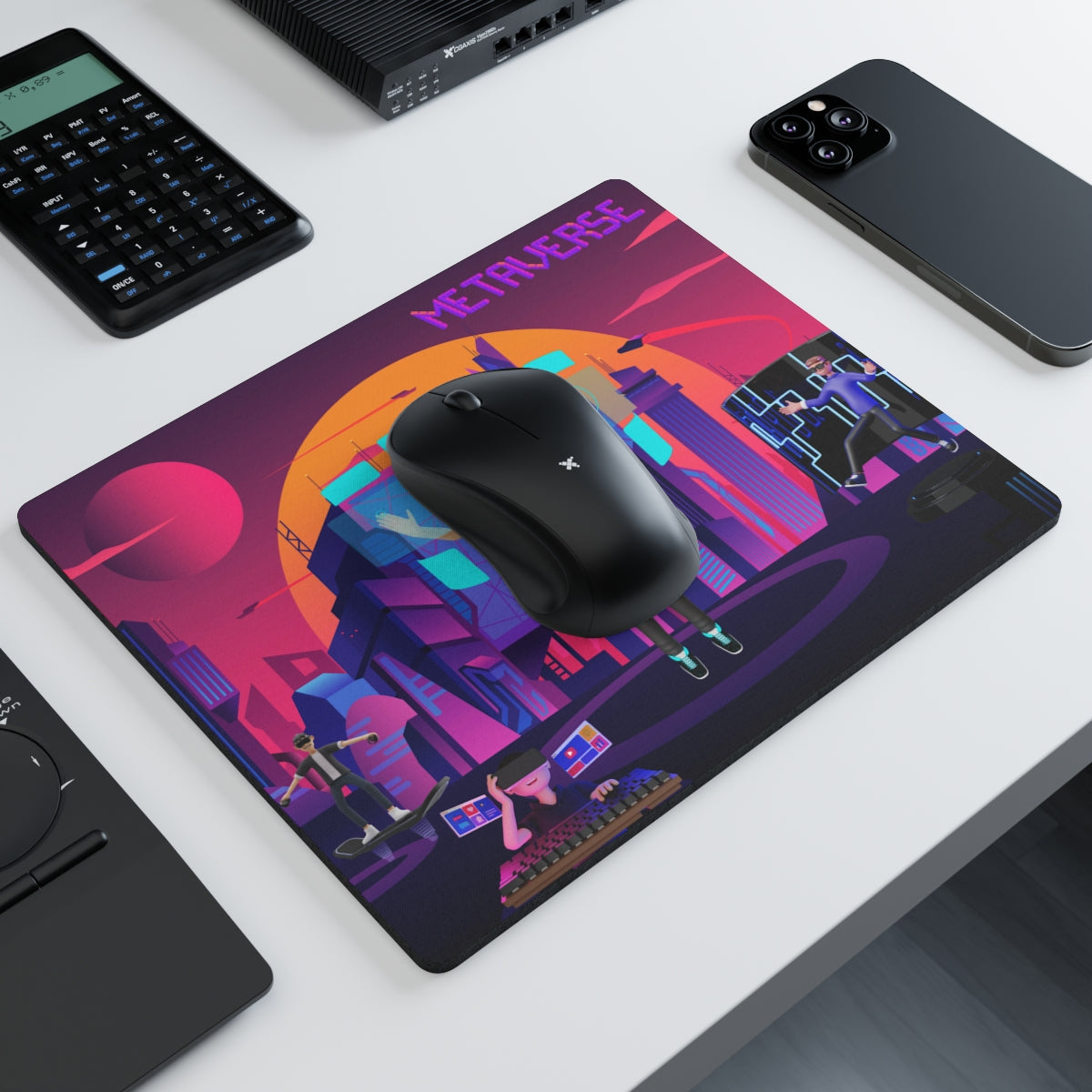 Virtual Reality Cityscape Mouse Pad on office desk – stylish cityscape design for work or gaming
