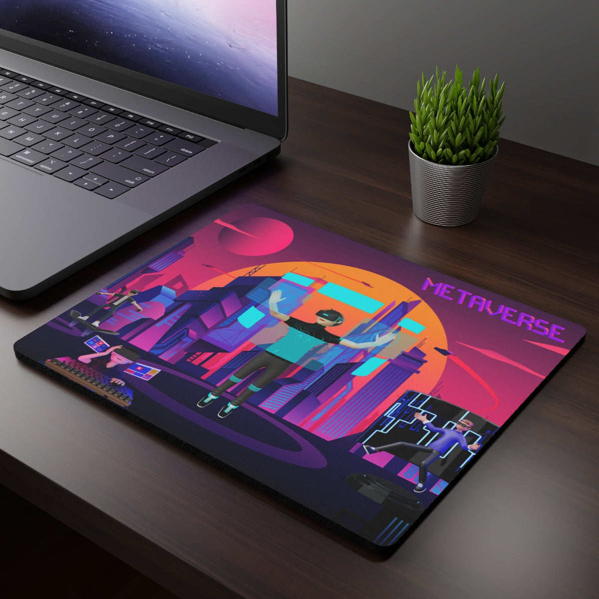 Virtual Reality Cityscape Mouse Pad on office desk – stylish cityscape design for work or gaming