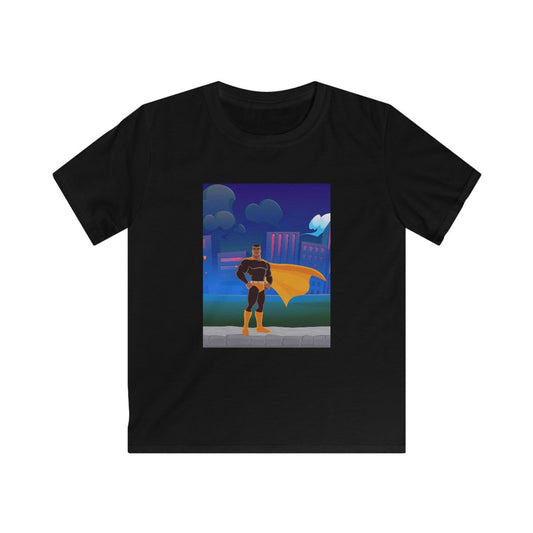 Superhero Kids Softstyle Tee with bold city skyline design