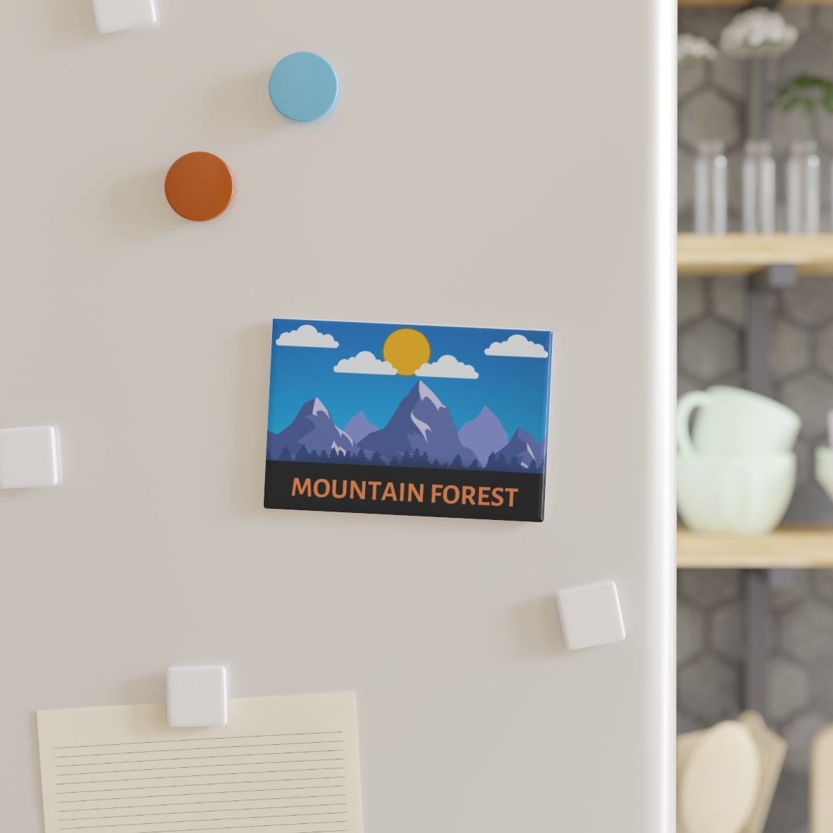 Mountain Forest Magnet Sticker on a fridge door in a cozy kitchen setting