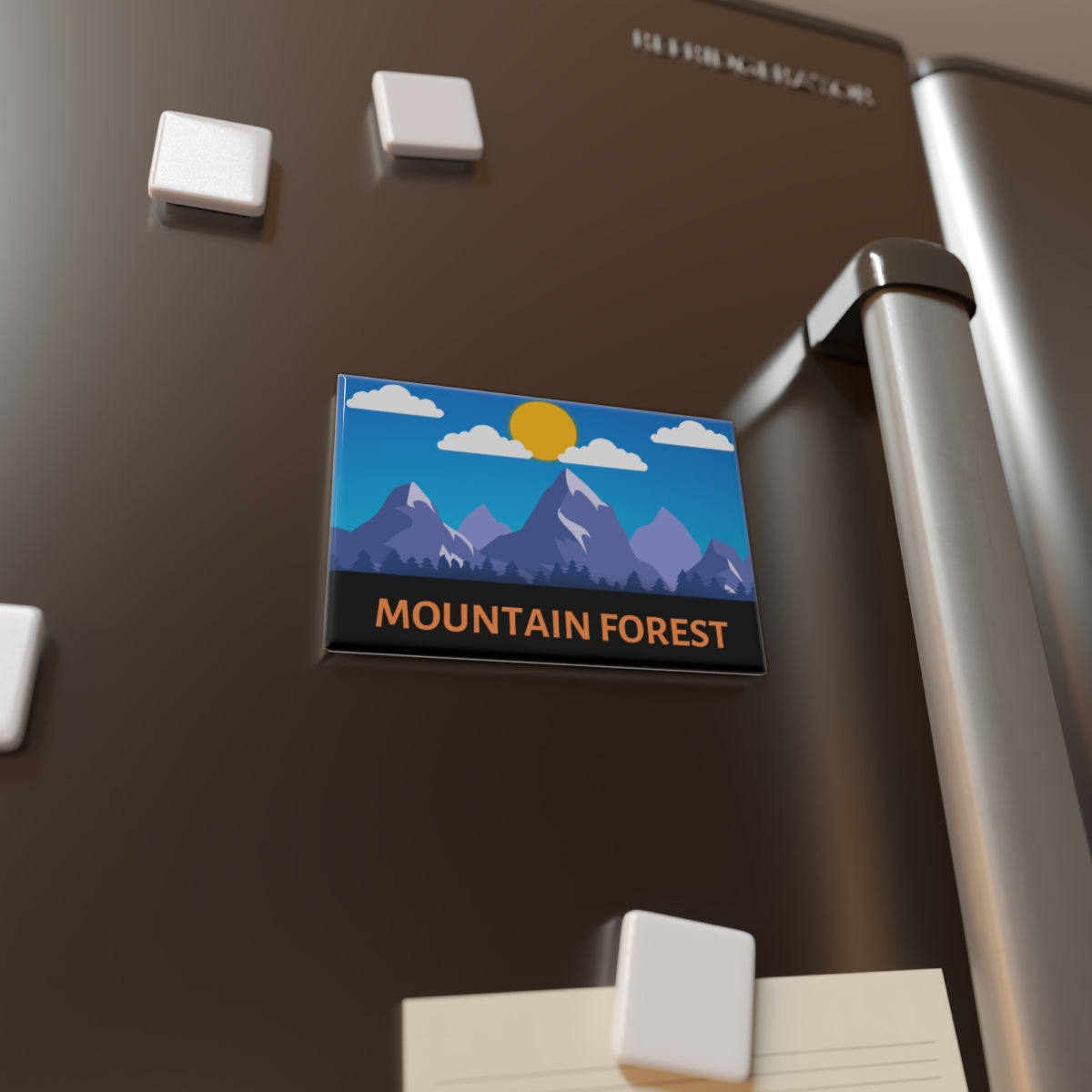 Mountain Forest Magnet Sticker displayed on a metal locker with other outdoor-themed magnets