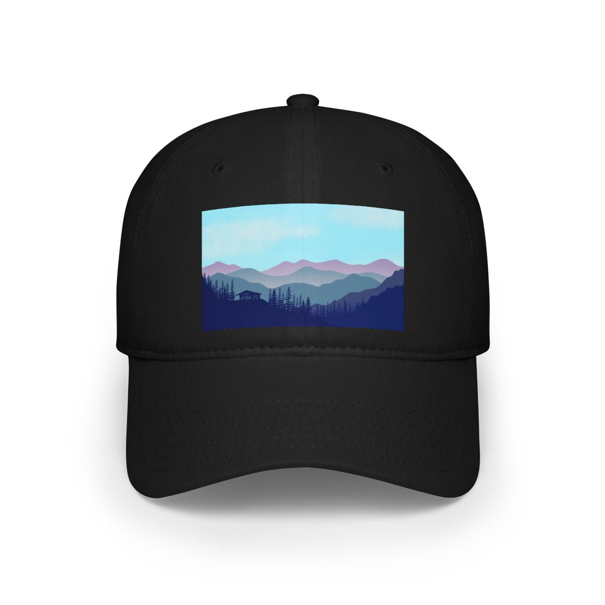 Black Mountain Landscape Cabin Cap front view showing embroidered design