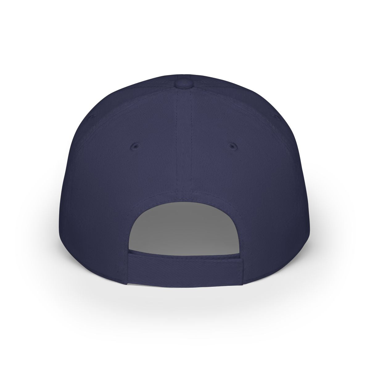 Back of Navy Blue Mountain Landscape Cabin Cap with adjustable strap