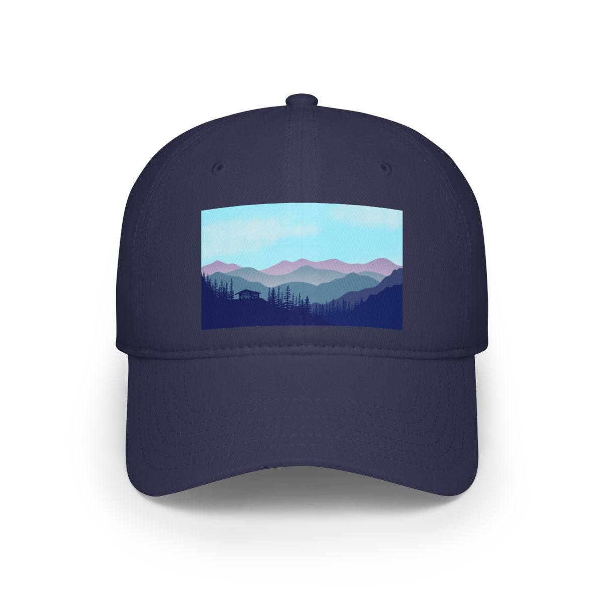 Navy Blue Mountain Landscape Cabin Cap front view with detailed embroidery