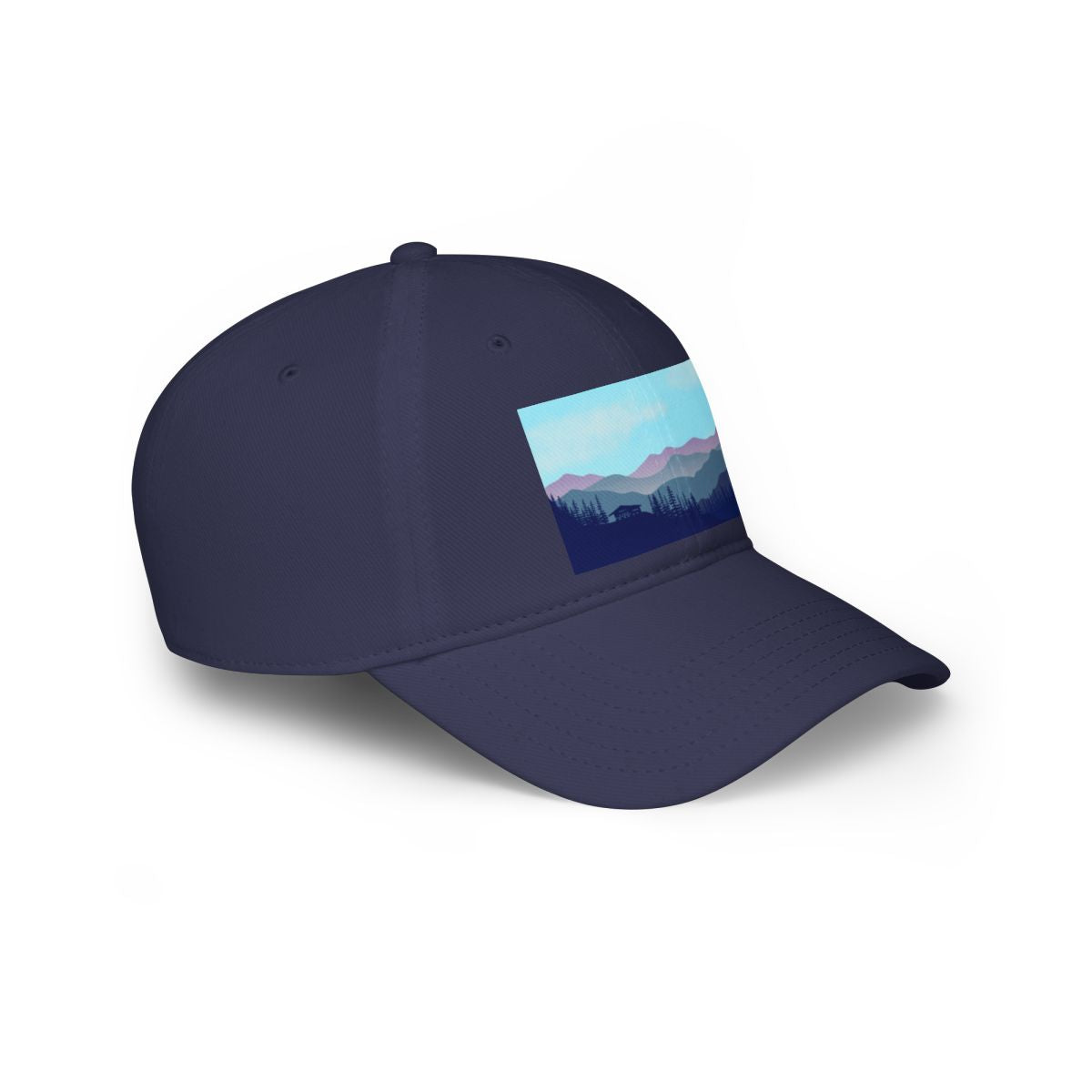 Navy Blue Mountain Landscape Cabin Cap side view showing low profile fit