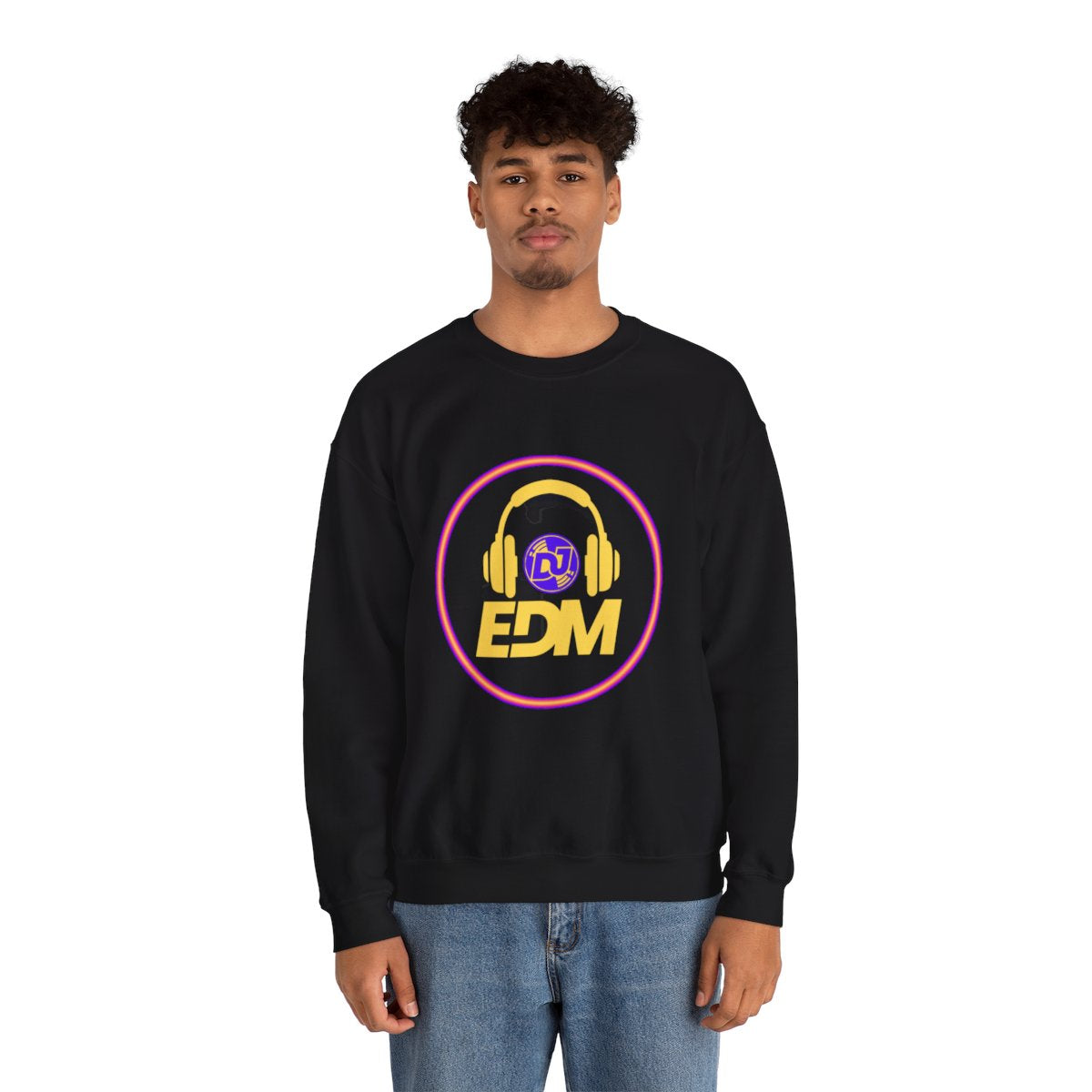 Man wearing Neon DJ vinyl sweatshirt crewneck