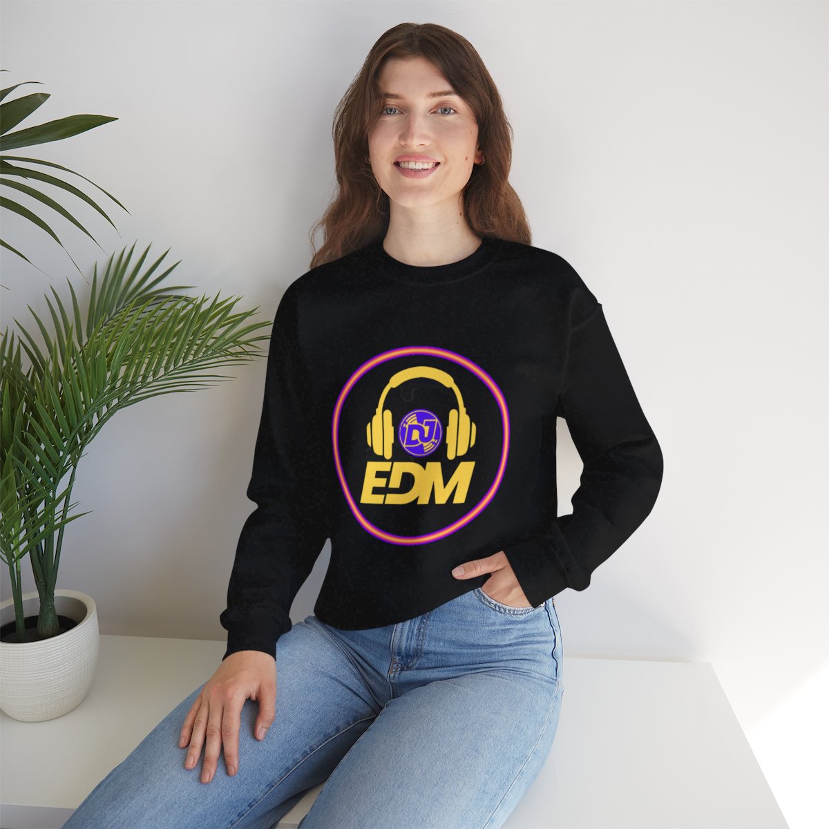 Woman wearing Neon DJ vinyl sweatshirt in lifestyle setting