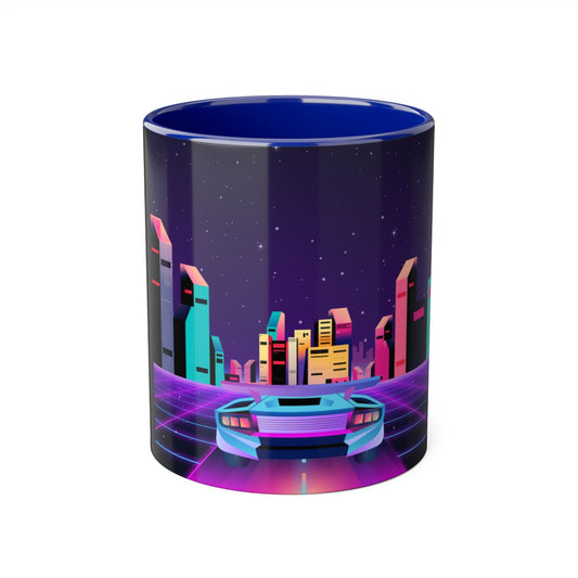 Neon Sci-fi Retro Space Mug front view showing vibrant neon colors and space-themed design