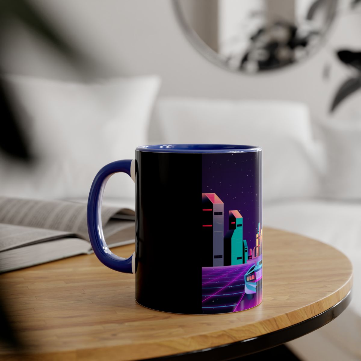 Neon Sci-fi Retro Space Mug displayed on a desk with sci-fi books and gadgets, perfect geeky drinkware gift