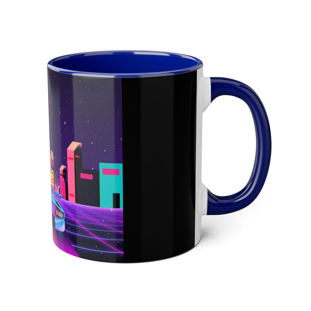 Right side of Neon Sci-fi Retro Space Mug featuring retro space theme and geeky drinkware details
