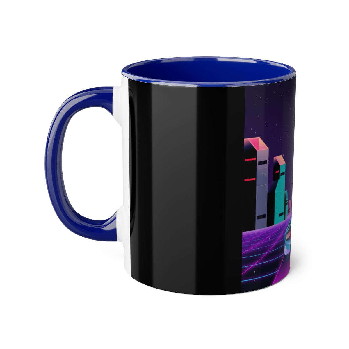 Left side of Neon Sci-fi Retro Space Mug with glowing neon sci-fi graphics