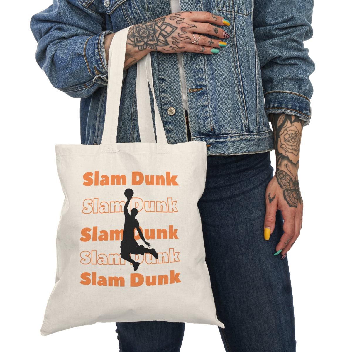 Basketball Tote Bag in use, front view with Slam Dunk Silhouette