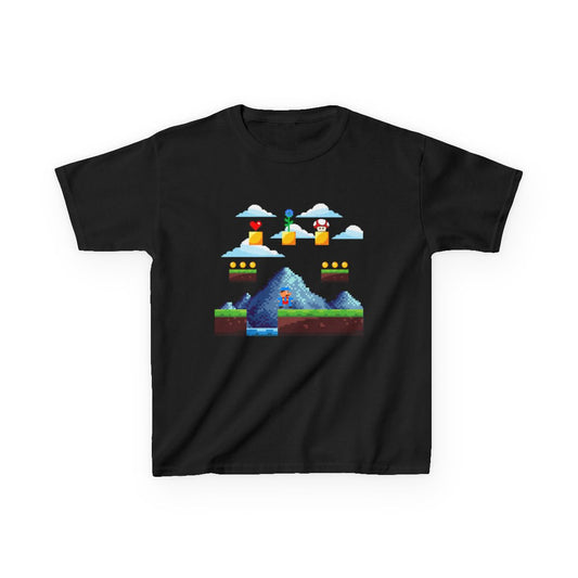 Pixel Game Arcade Kids T-Shirt featuring gold coins and prize box desig