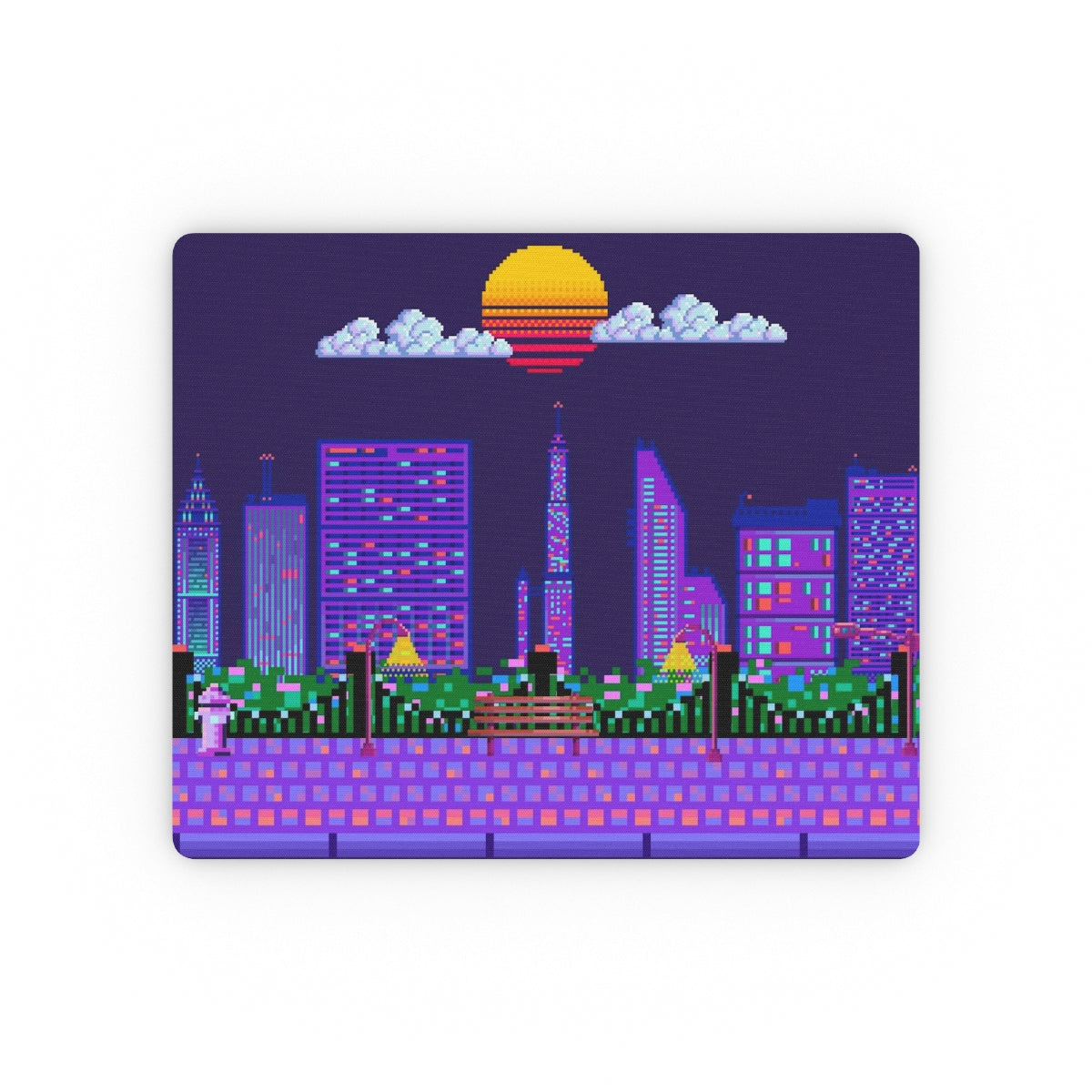 Arcade gaming mouse pad with retro neon pixel art