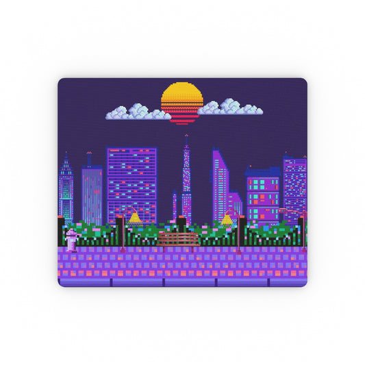Arcade gaming mouse pad with retro neon pixel art