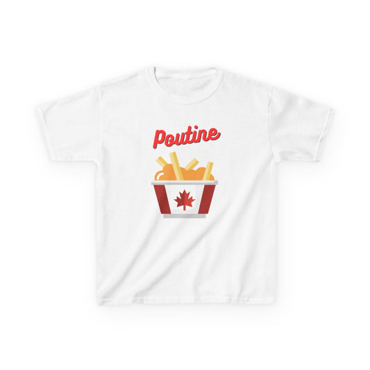 Poutine Kids T-Shirt front view featuring Canadian fries, cheese, and gravy graphic